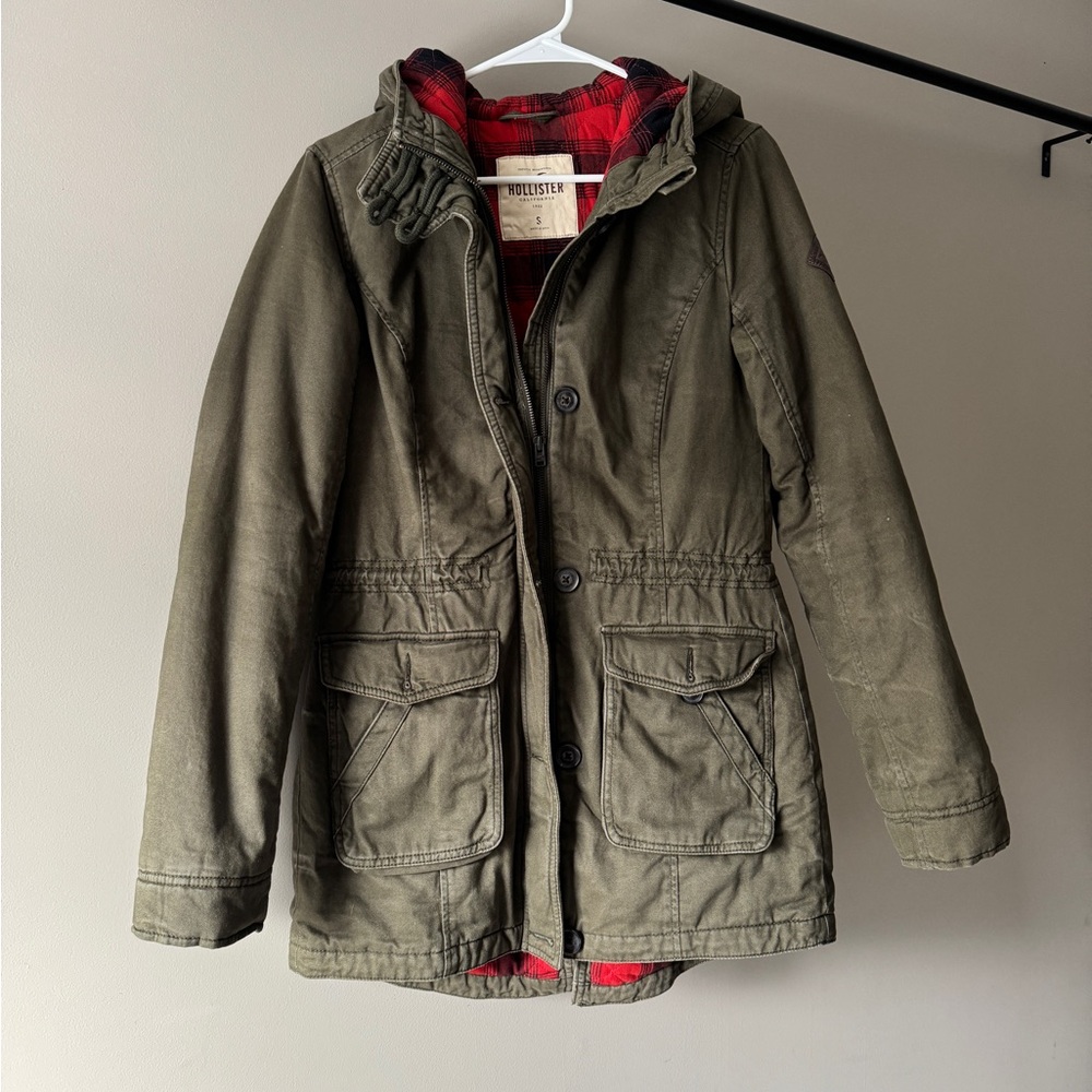 Vintage Hollister Utility Style Olive Green Hooded Jacket with Red Plaid Lining